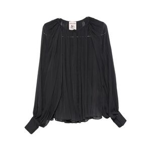 SEMICOUTURE Elegant Pleated Sheer Blouse with Gathered Sleeves Women GREY Shirts